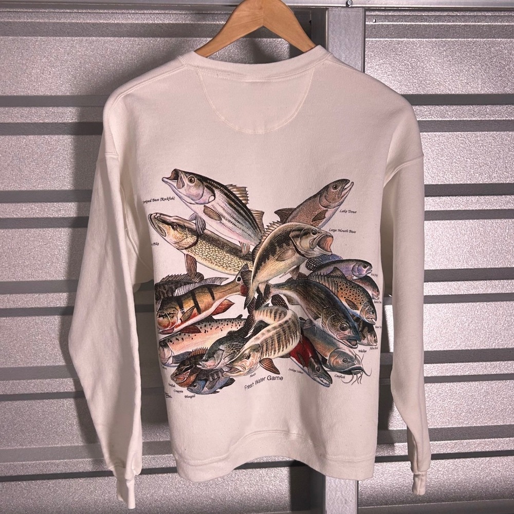 VINTAGE Environmental Artwear Sweatshirt Mens White Fresh Water Game Fish